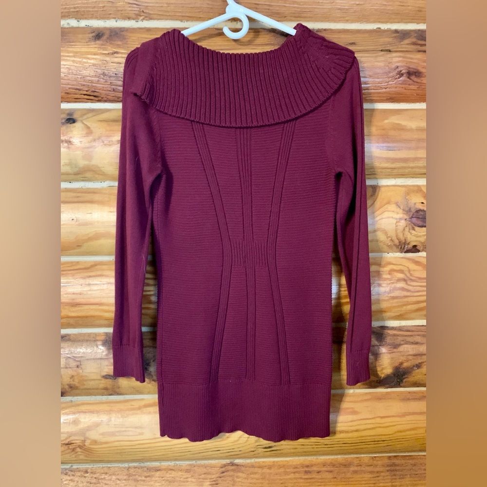 Style & Co. Tunic Length Burgundy Sweater with Angled Flap Collar Medium - Picture 4 of 10